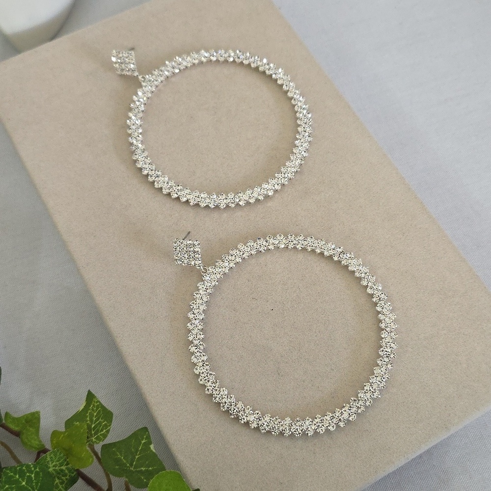 Large Silver and Rhinestone Hoop Earrings